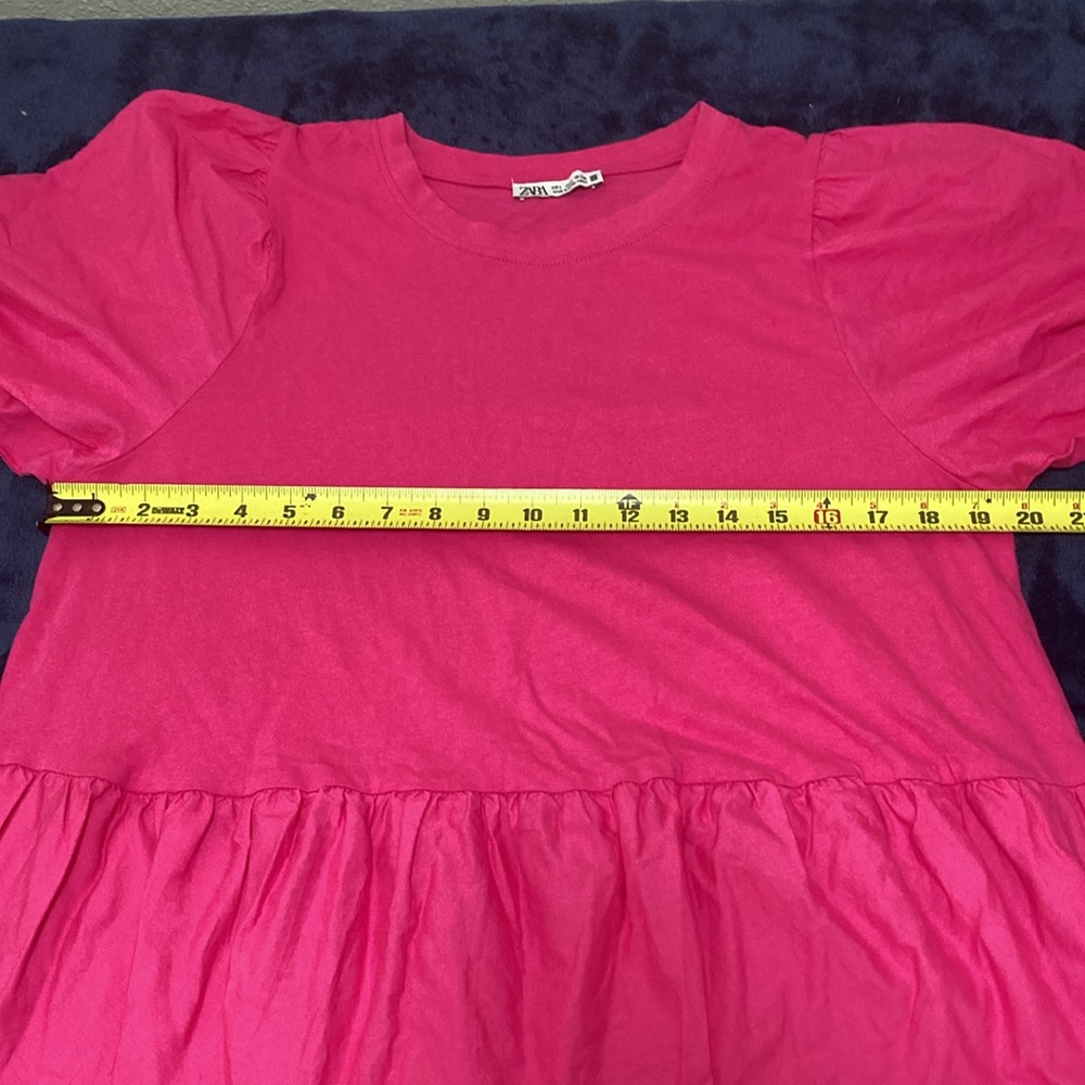 ZARA Hot Pink Puff Sleeve Tiered Swing Mini Dress Women's Sz L Cotton - Picture 6 of 15